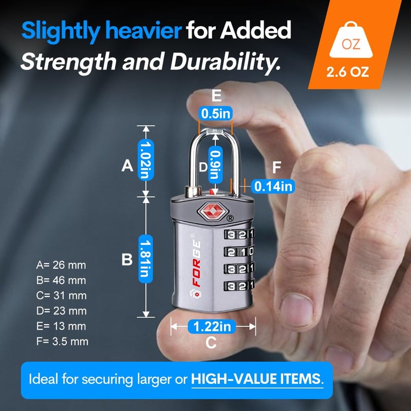 Forge 4-Digit Combination Lock, TSA Approved Locks for Luggage, Travel, Gym, School, Suitcase, Backpack, Pelican case, Easy Read dials, Zinc Alloy Body. - Image 3